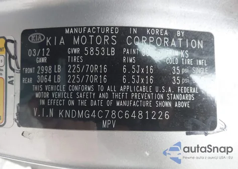 2012 Kia Sedona Lx z USA, uszkodzony, nr VIN KNDMG4C78C6481226